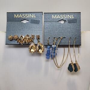 Massini Fashion Earrings Sets of 6 Pairs Gold Tone Dangle Hoop Stud Cluster New